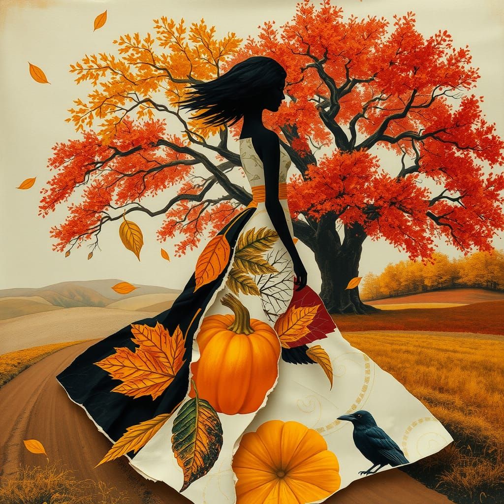 Autumnal Collage Dress in Cubist Style