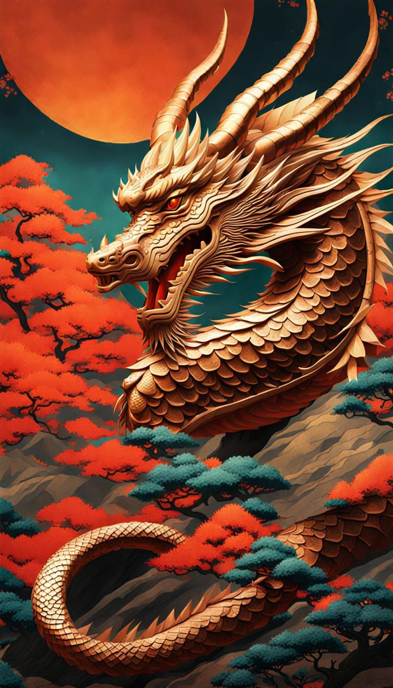 Copper Asian Dragon Portrait in Ukiyo-e Style