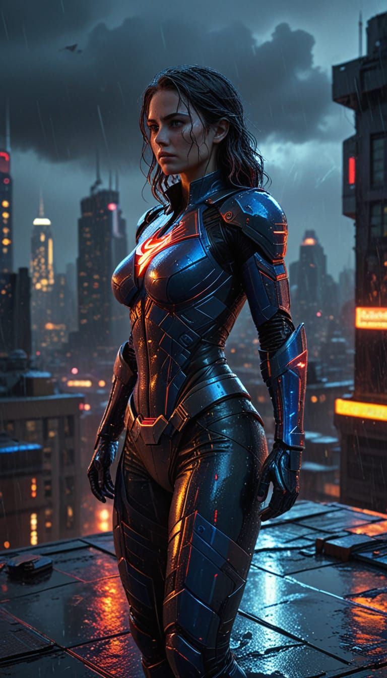 Superheroine Victory on Rainy Rooftop as Oil Painting