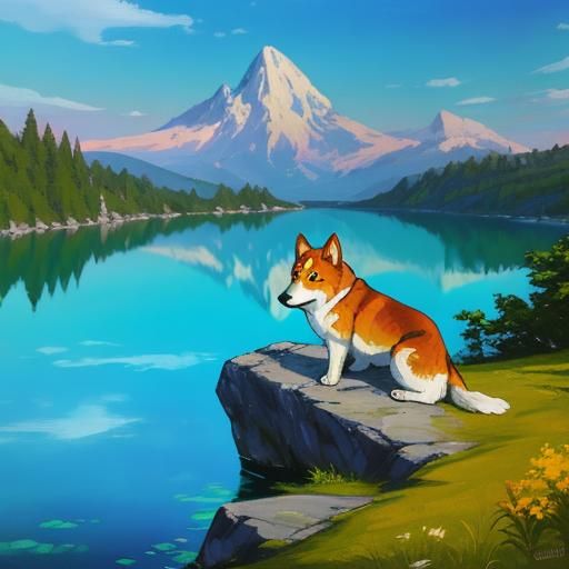 Dog Overlooking Lake in Fauvist Expressionism Style