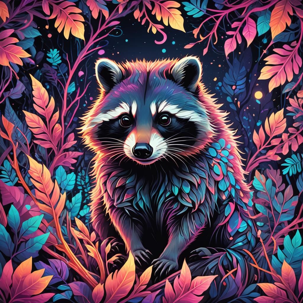 Neon Raccoon in Surreal Psychedelic Dreamscape