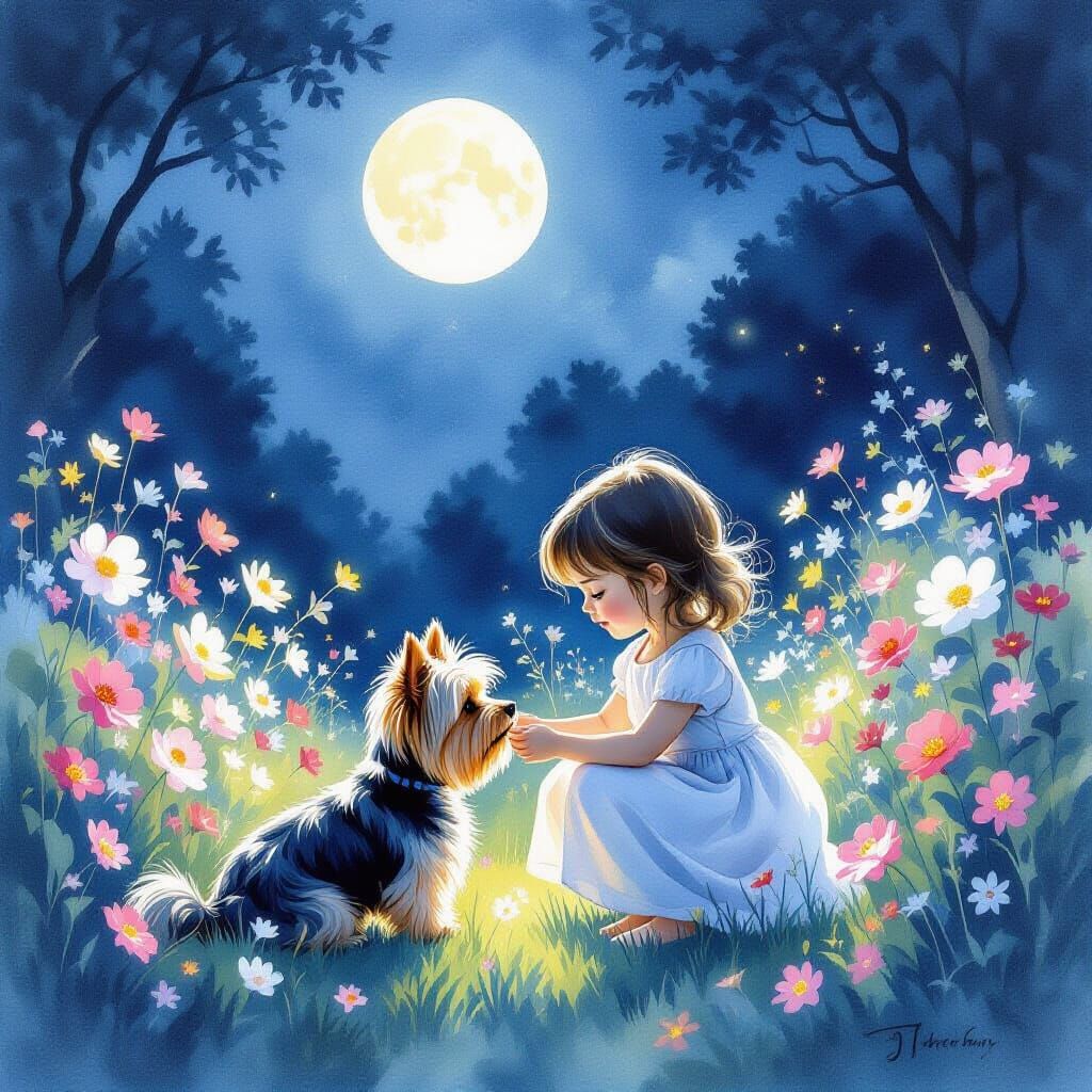Girl and Yorkshire Terrier in Moonlit Garden Watercolor