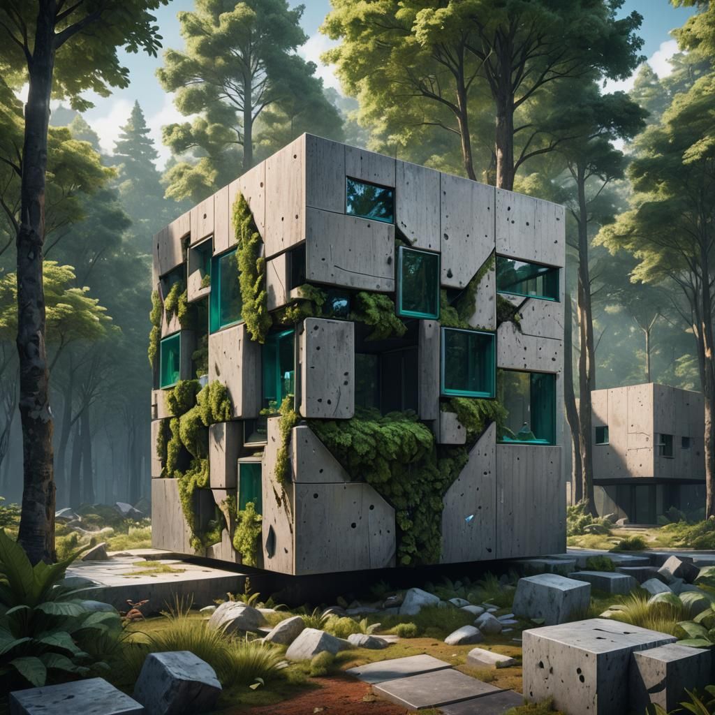 Postmodern Concrete Vacation House in Forest, 8K