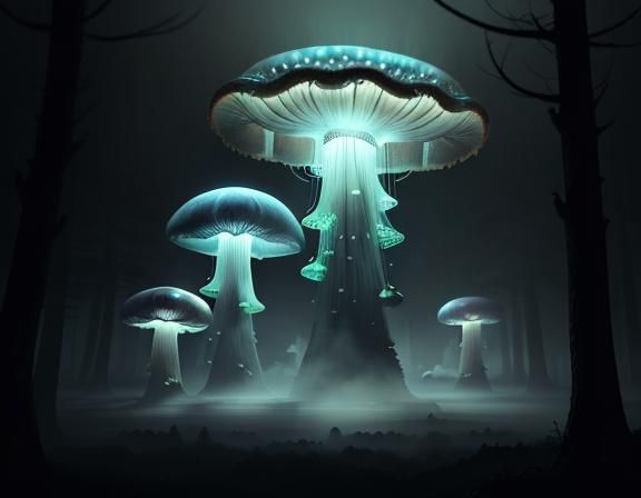 Giant Jellyfish Over Toadstool Forest in Digital Matte Style
