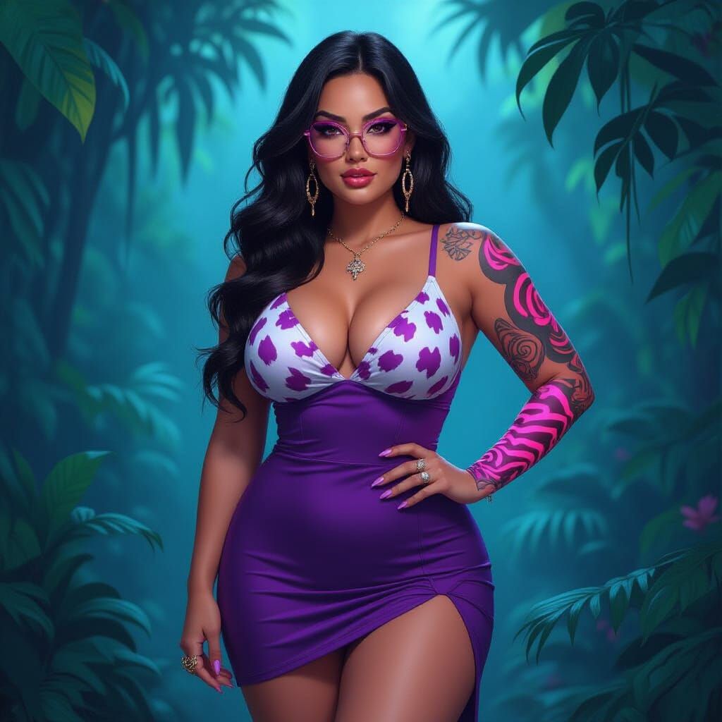 Curvy Goth Latina in Jungle with Bioluminescent Tattoos