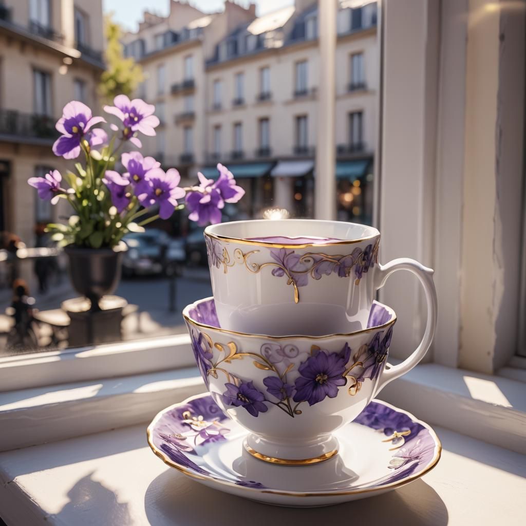 Elegant 3D Anime-Style Teacup on Parisian Windowsill