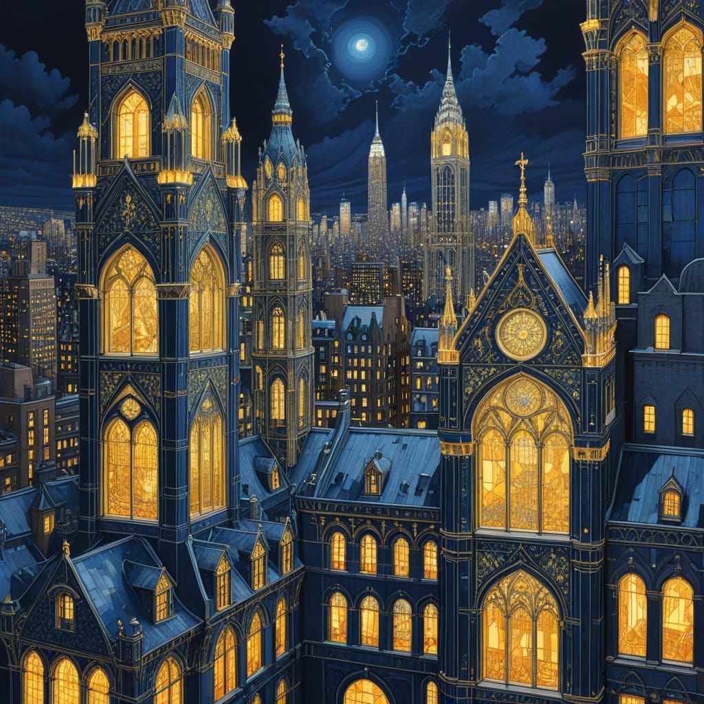 Stunning Dark Blue Cityscape at Night with Intricate Details