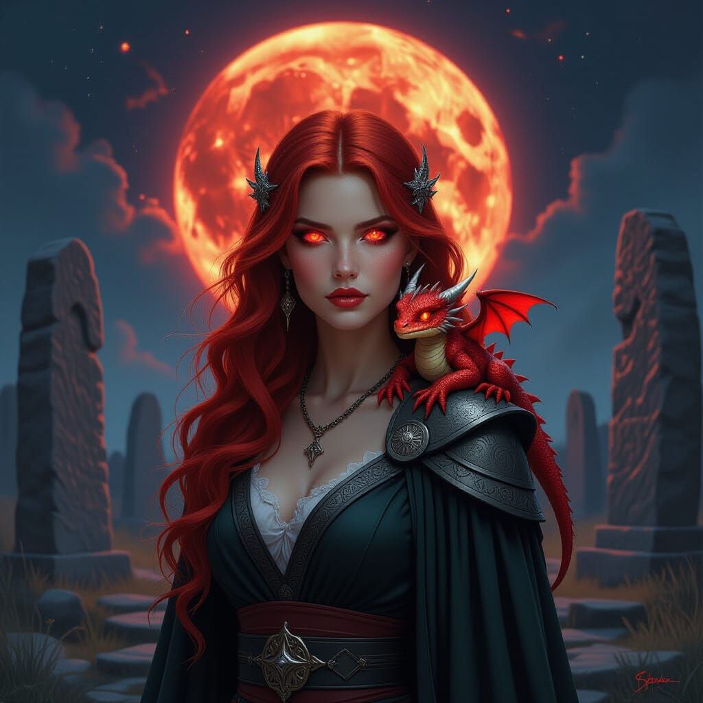 Sorceress with Dragon in Stone Circle Under Blood Moon