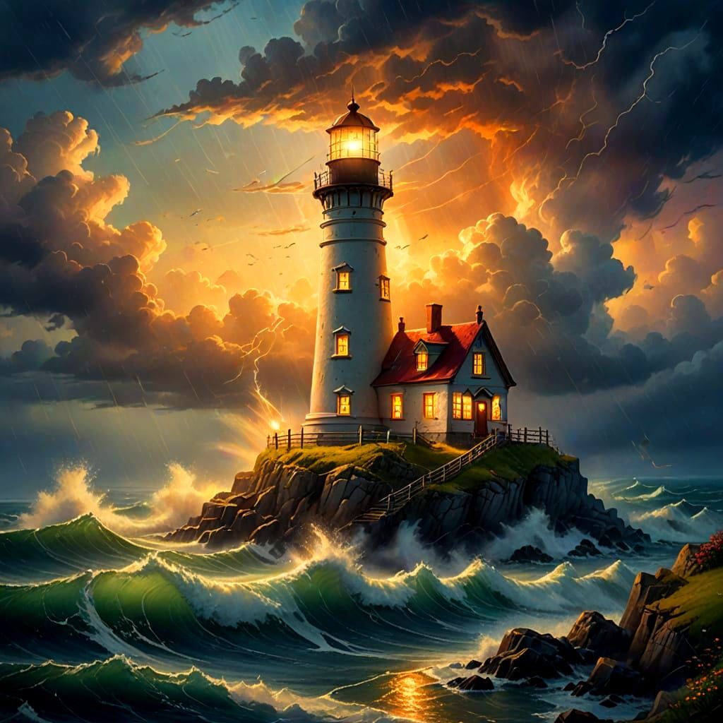 Lighthouse in Whimsical Stormy Weather