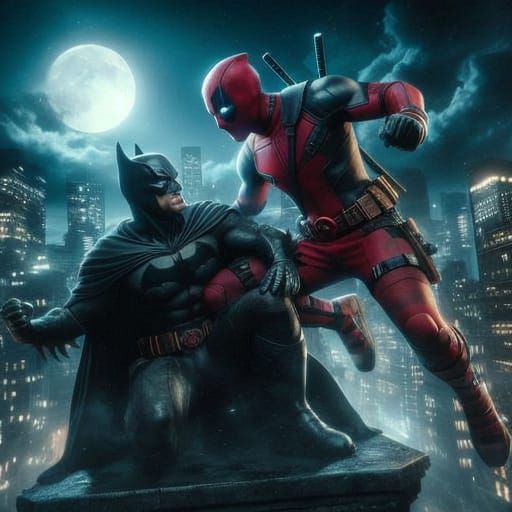 Deadpool Battles Batman in a Dark City Nighttime Showdown