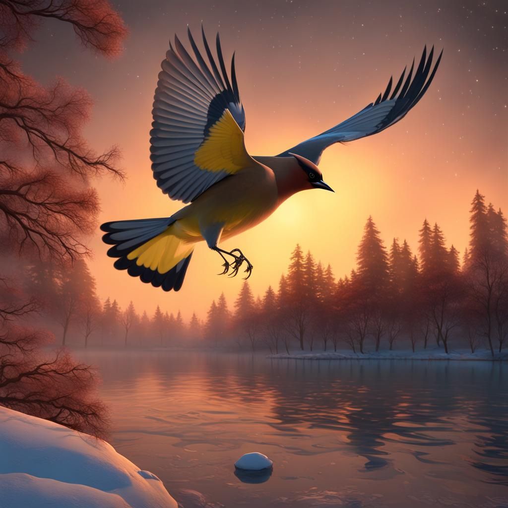 Cedar Waxwing at Moonrise: Detailed Matte Painting
