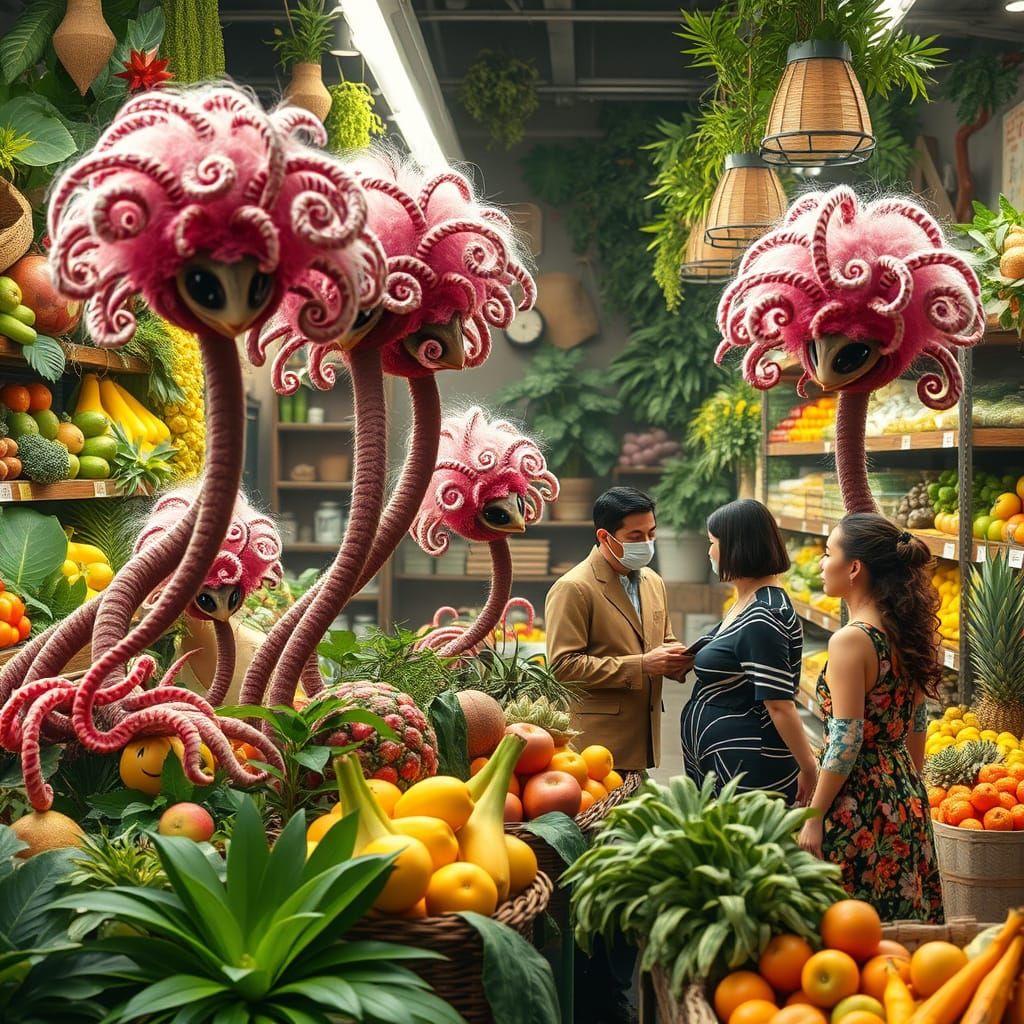 Whimsical Alien Gathering in Earth-Toned Eco-Grocery Store