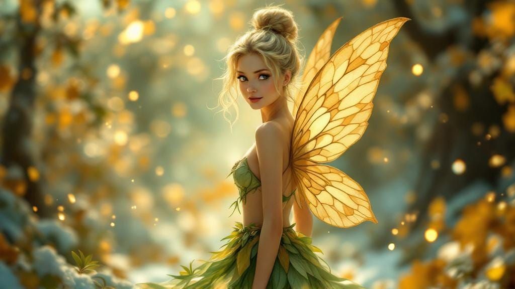 Fairy in Winter Glade with Amber Honeycomb Overlay