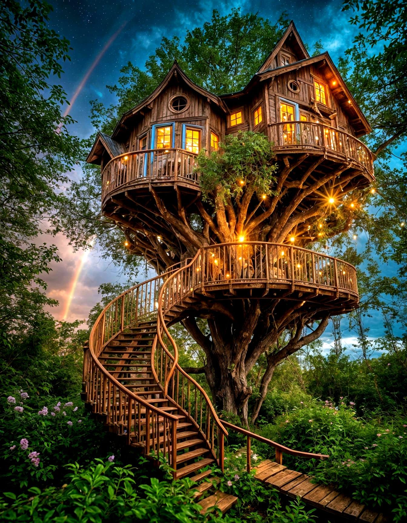 Sparkling Treehouse World in Stormy Wildflower Ocean