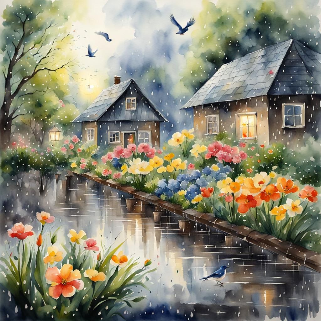 Watercolor Spring Morning with Singing Birds