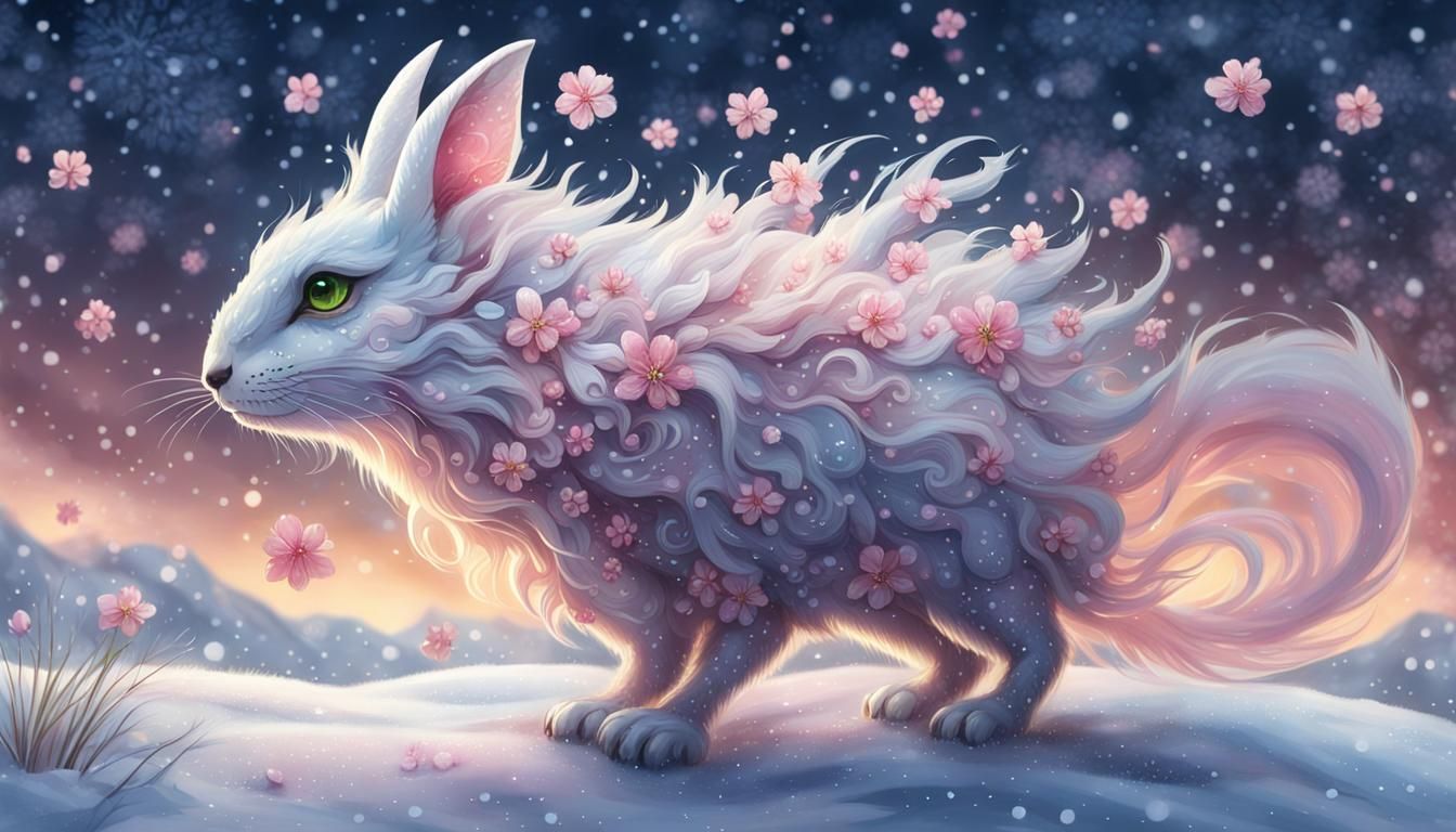 Cute Cherryblossom Creature in Snowy Sunset Scene