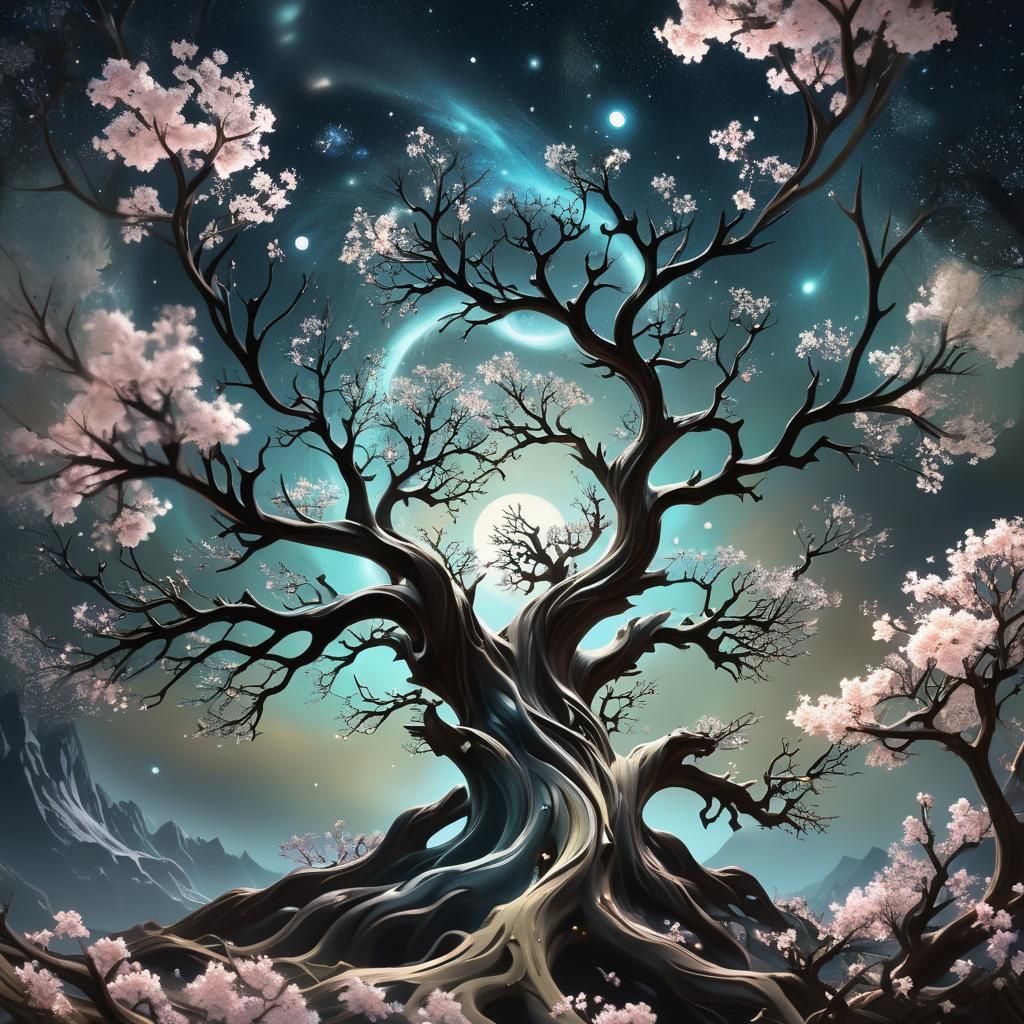 Blossom's Kiss: Starry Night in Dark Fantasy Style