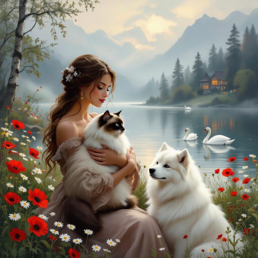 Woman with Cat and Dog by Misty Lake