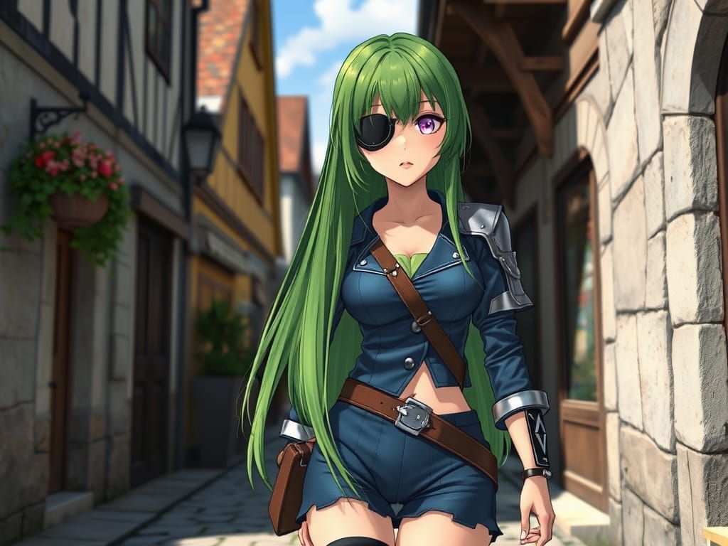 Green-Haired Woman with Eye Patch in Anime Style