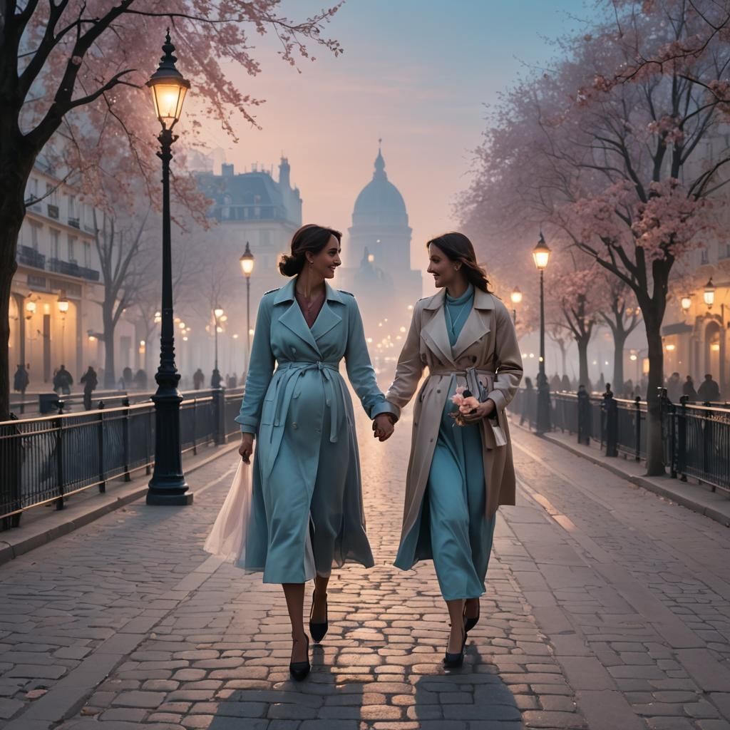 Pregnant Friends Strolling in Paris: Pixar-Inspired Art