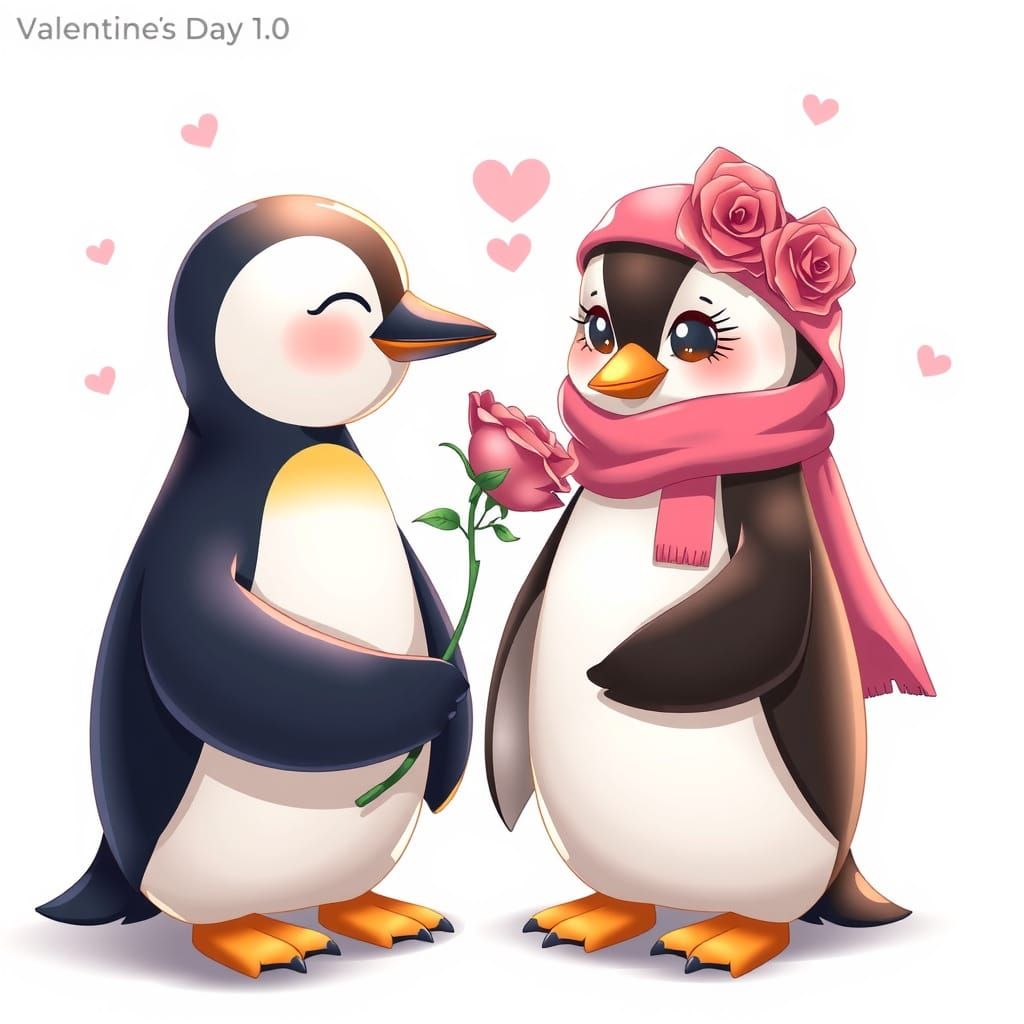 Smart Penguin in a Romantic Anime Style Valentine's Day Scen...