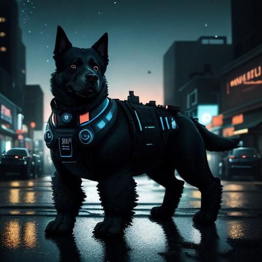 Robotic Detective Dog in Noir Cityscape