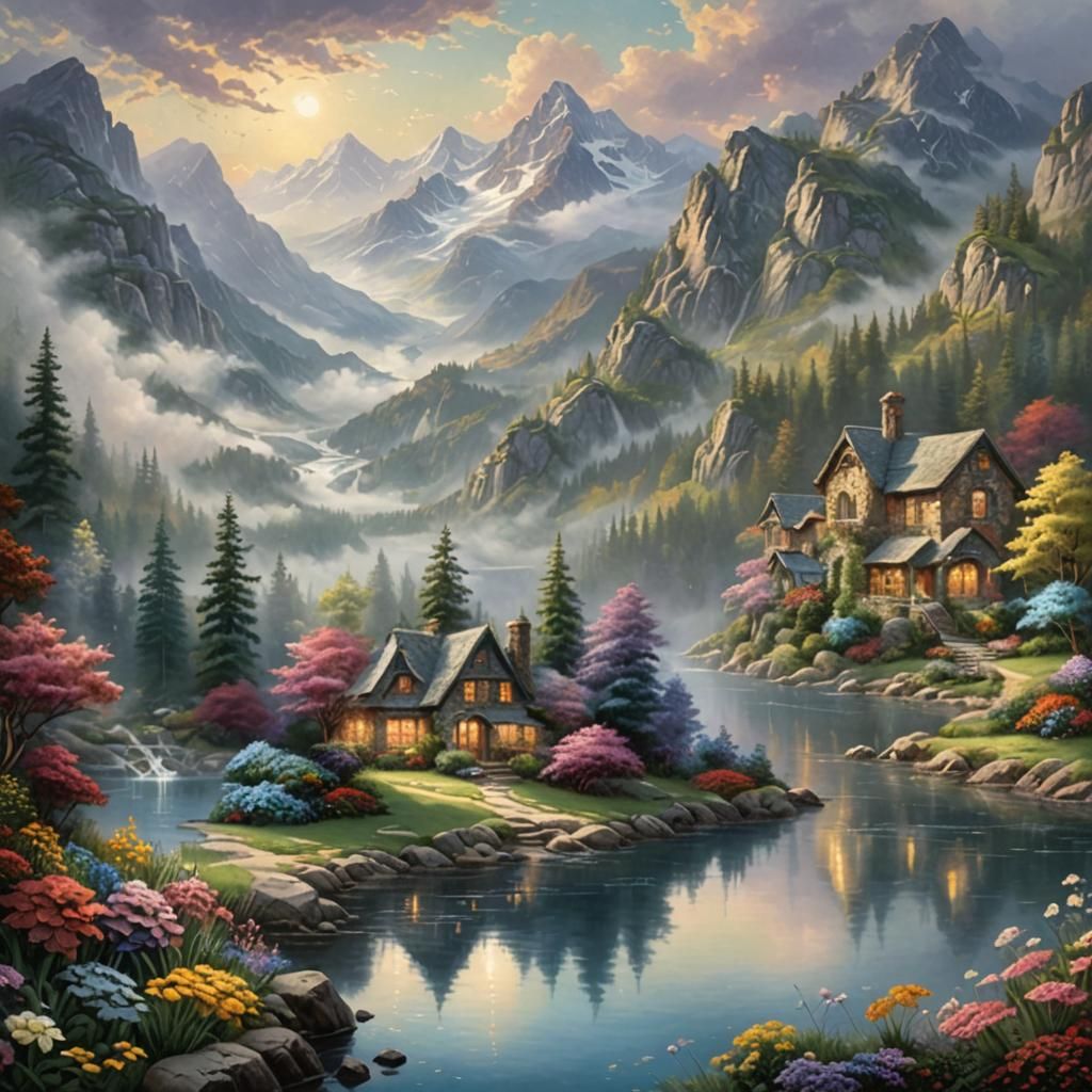 Hyperrealistic Mountain Lake with Flowers and Clouds