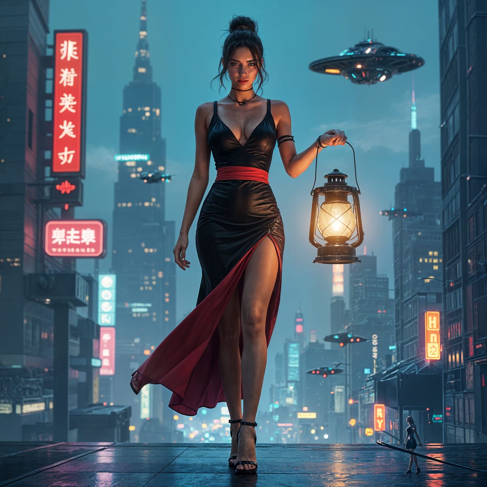 Cyberpunk Lantern Bearer in Futuristic Cityscape