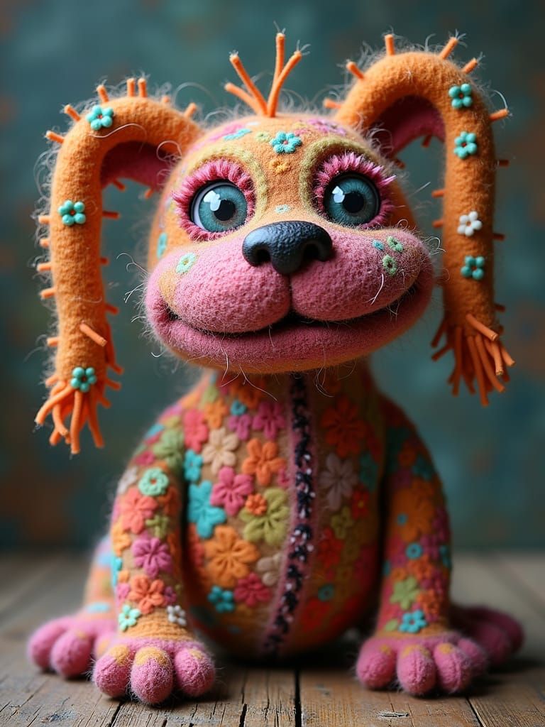 Needle-Felted Patchwork Dog with Textile Art Style