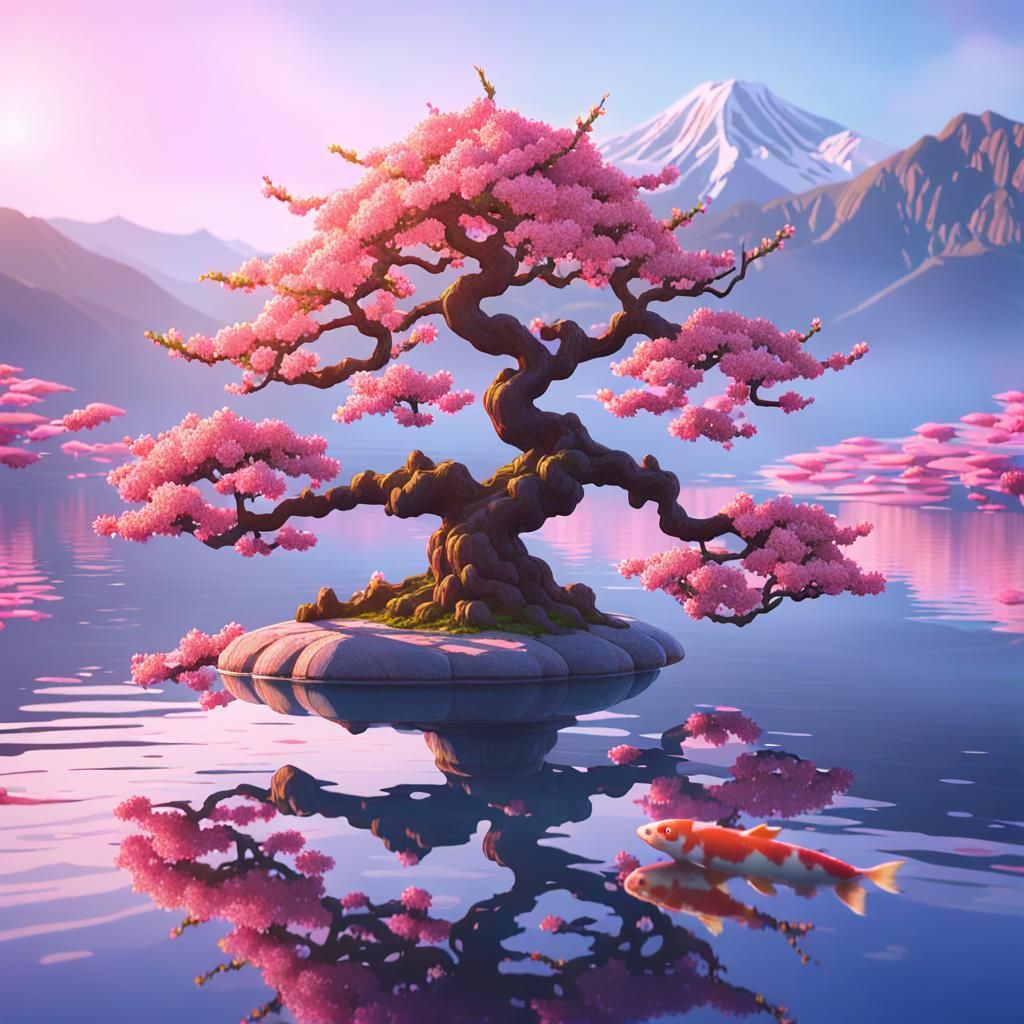 Cherry Bonsai and Koi Fish: Digital Matte Painting