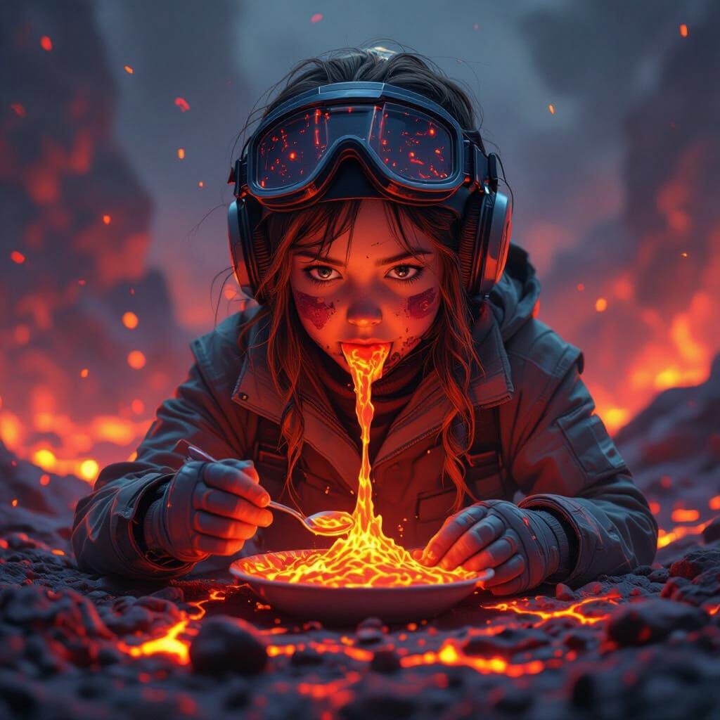 Girl Cautiously Eats Lava in Retro-Futuristic Style