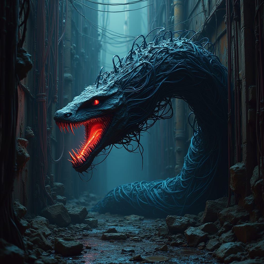 Cyberpunk Cable Serpent Unleashed in Gritty Industrial Hells...