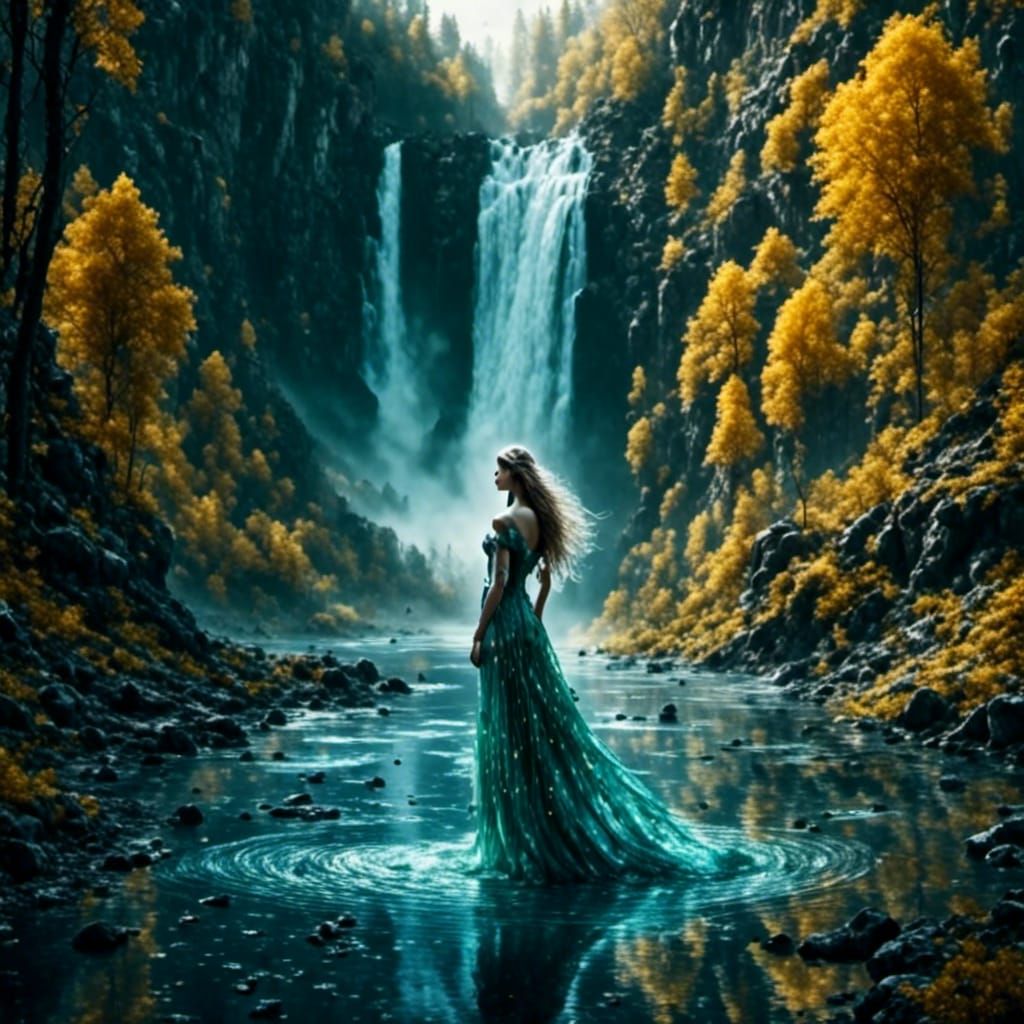 Fairy Princess at Waterfall in Sunlight