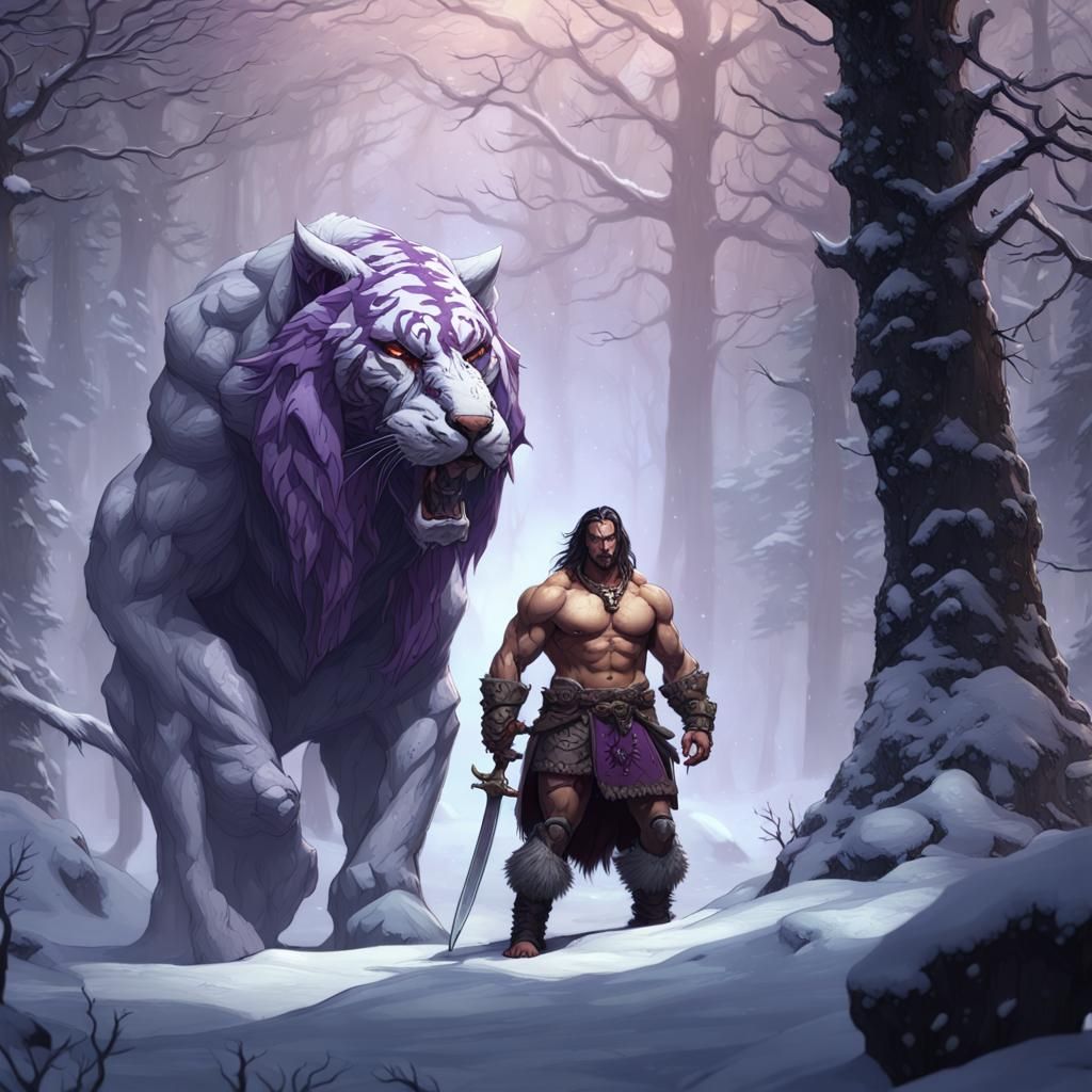 Barbarian and Sabretooth in Winter Forest, Dark Fantasy Art