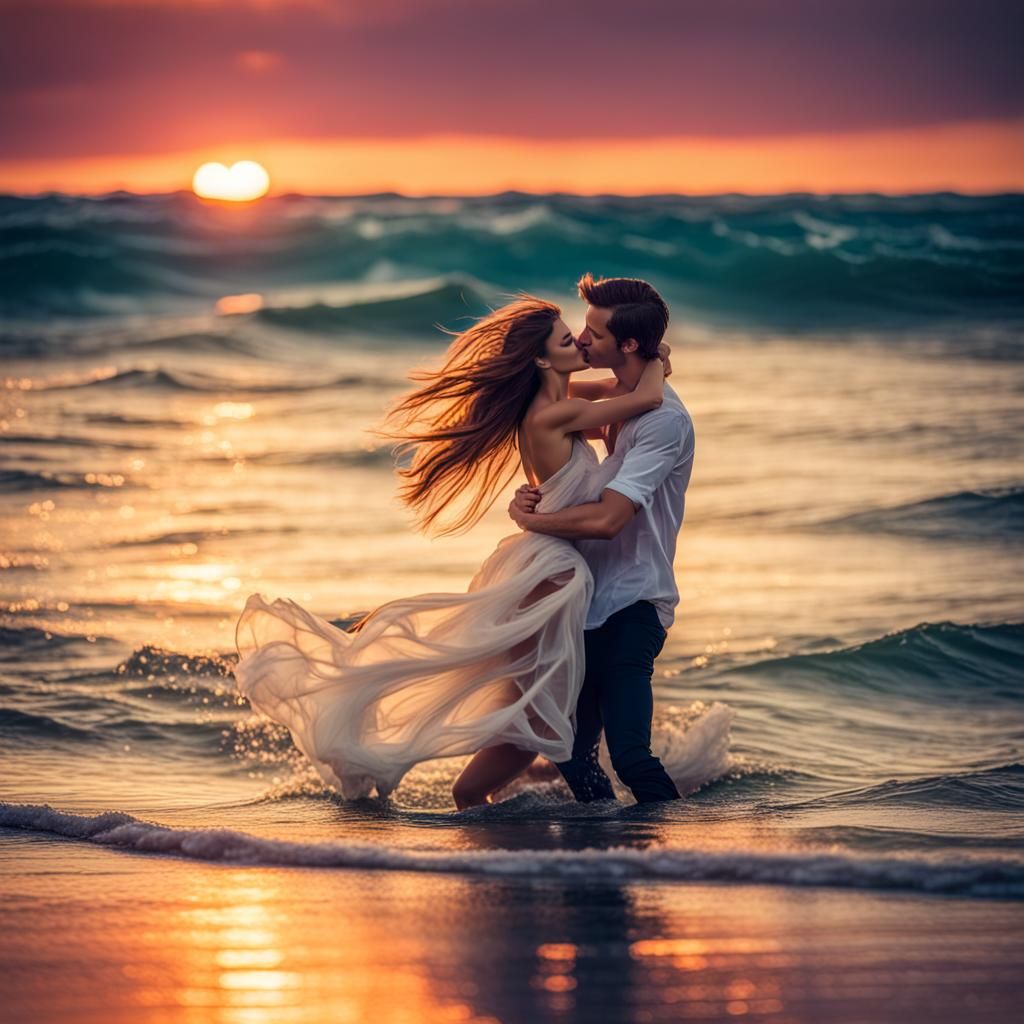 Romantic Seascape: Man Carries Woman from Ocean