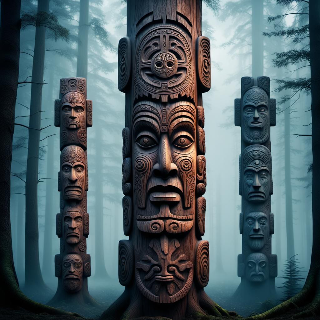 Mystic Wooden Totem in Misty Forest: Digital Matte Painting