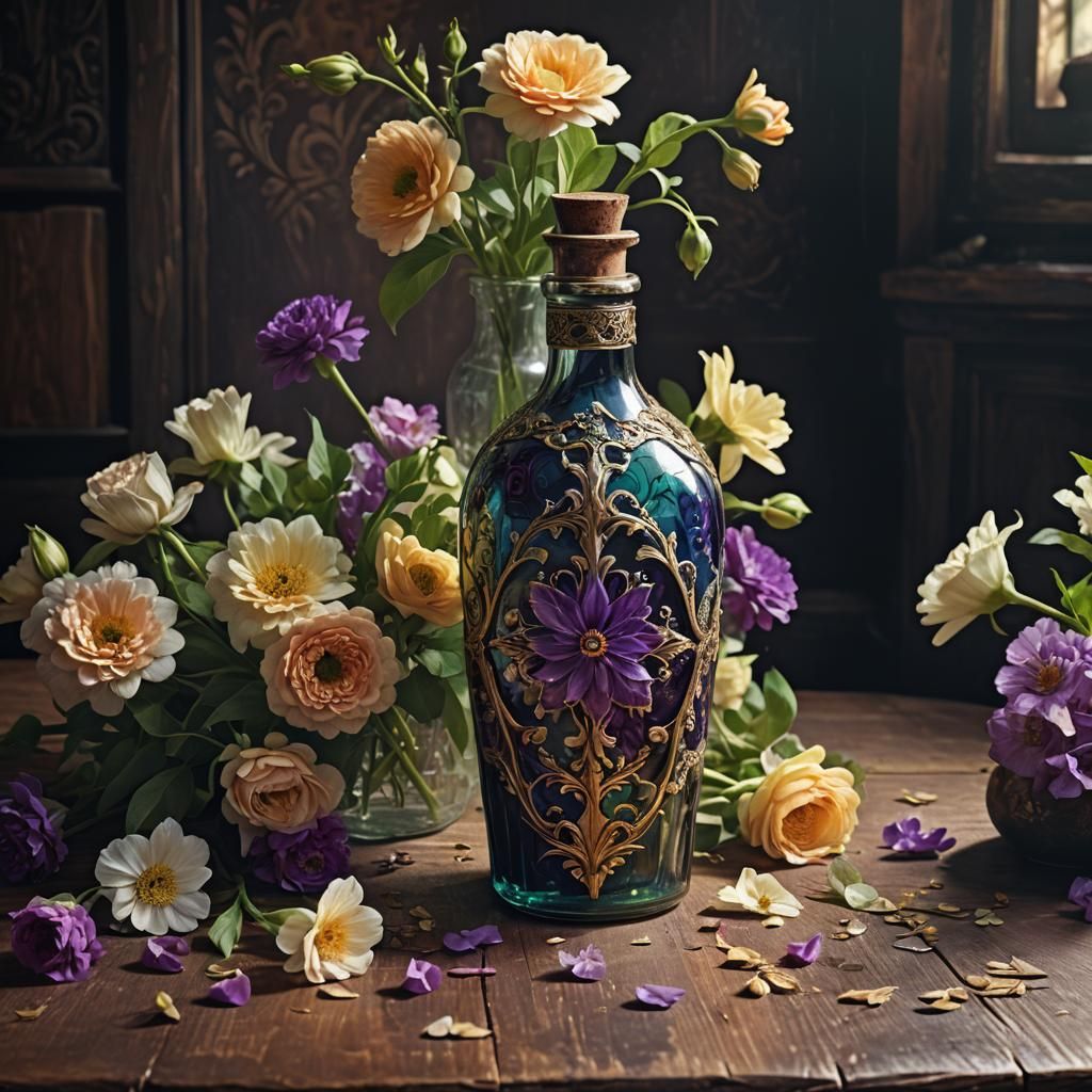 Flowers in Ornate Bottle: Fantasy Concept Art