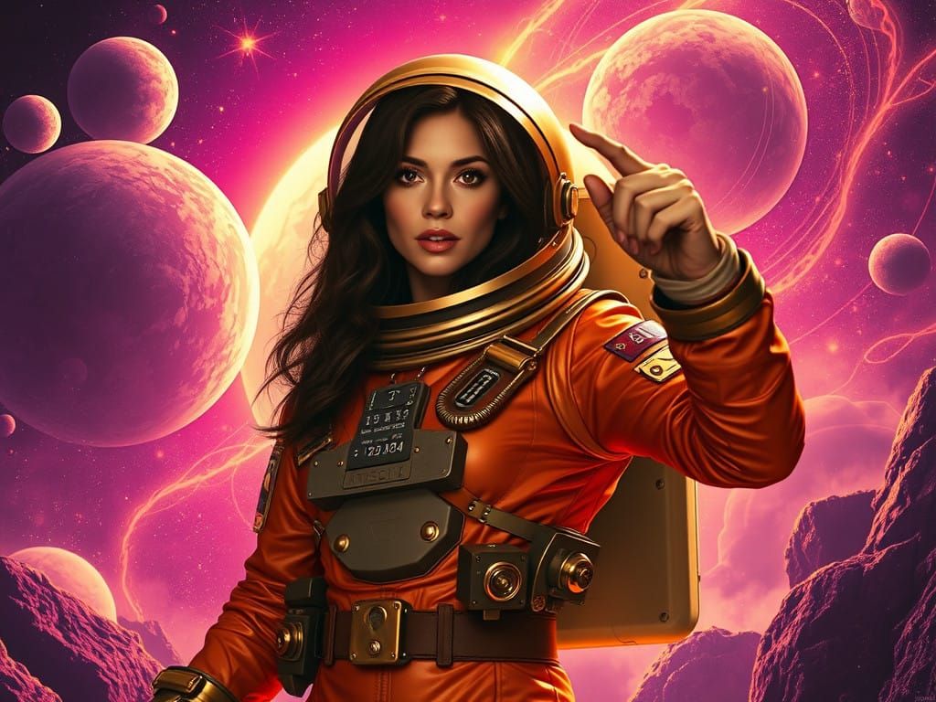 Retro-Futuristic Cosmonautess in Celestial Landscape