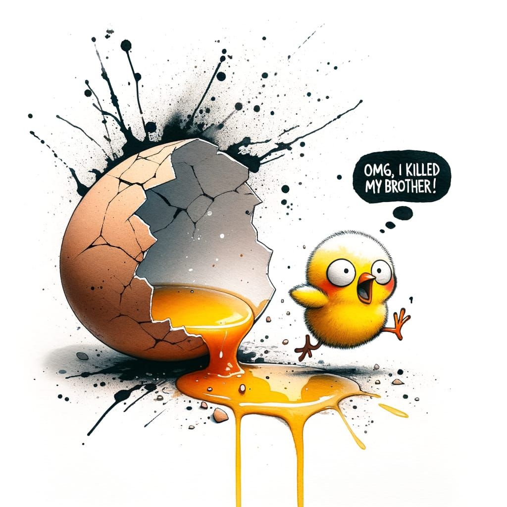 Scared Chick Escaping Cracked Egg: Ink and Watercolor