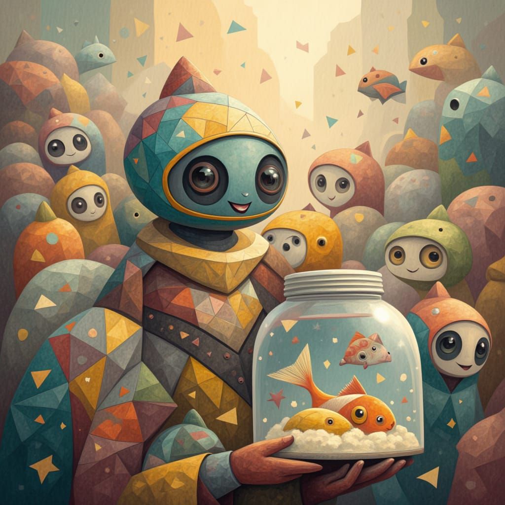 Cute Robot Holding a Fishbowl