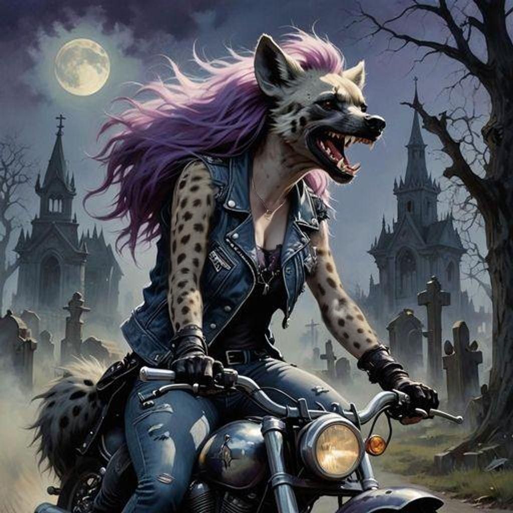 Furry Hyena Rides Motorcycle Through Graveyard