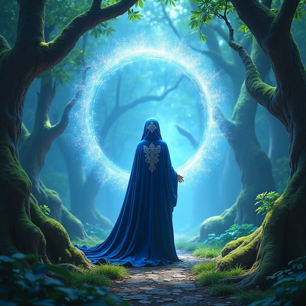 Mysterious Sorceress in Glowing Forest Portal