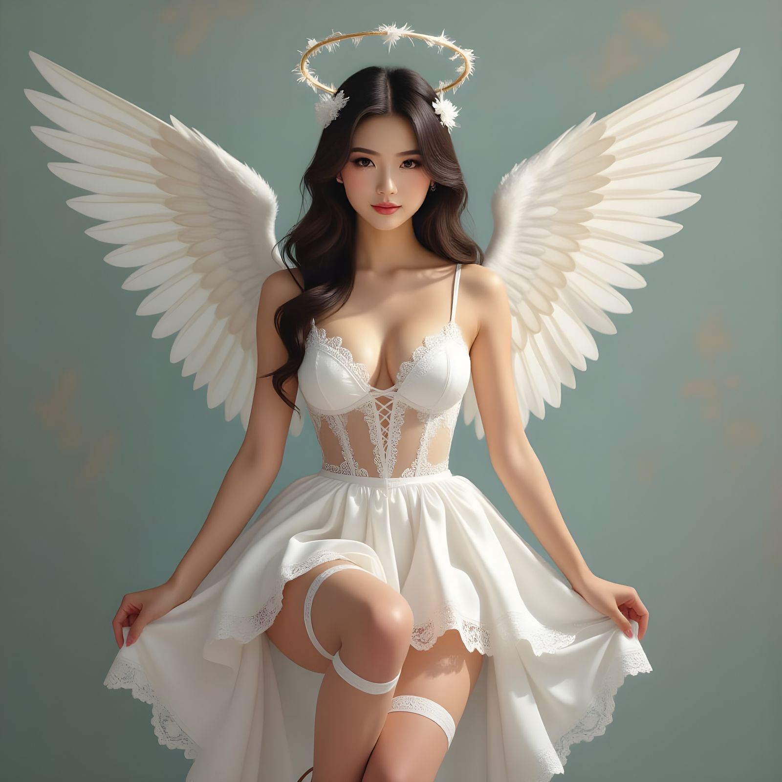 Pinup Angel in White Lace Dress