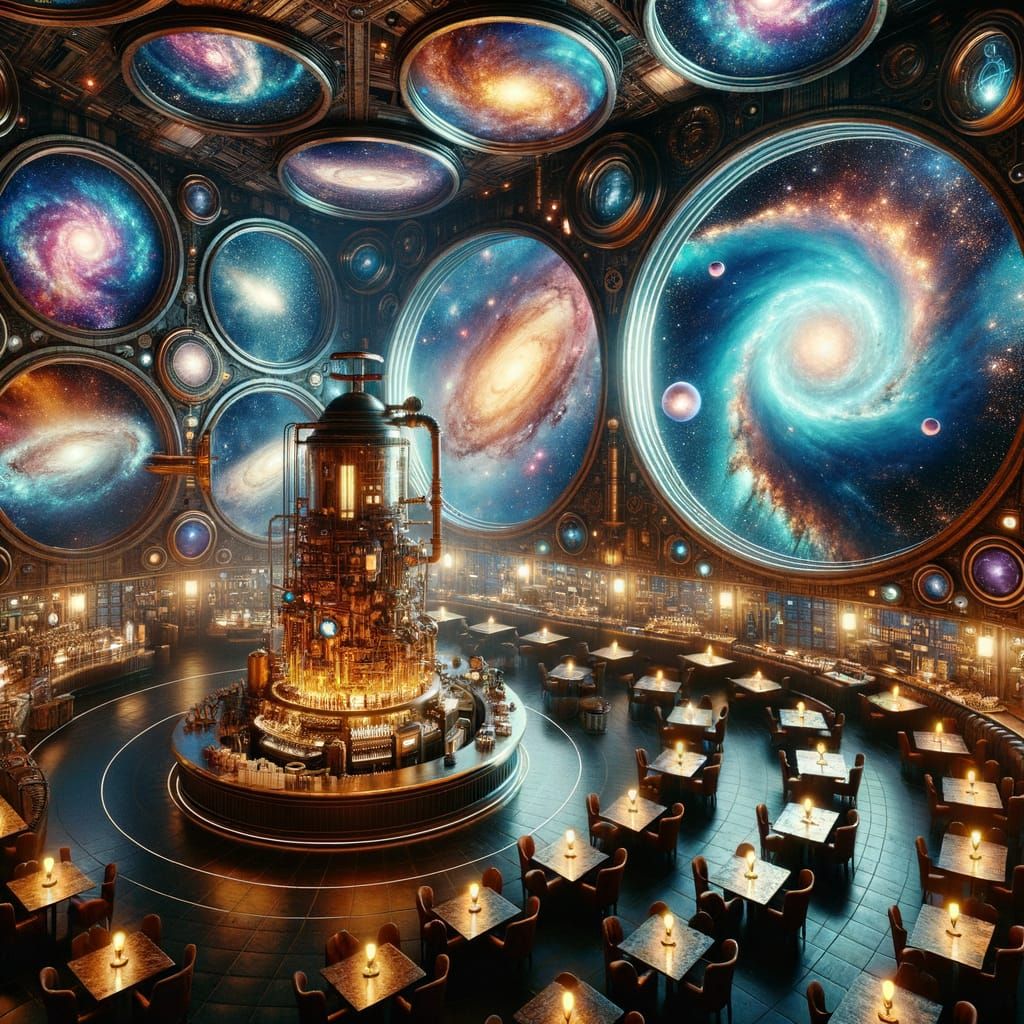 Steampunk Café in Space with Cosmic Views