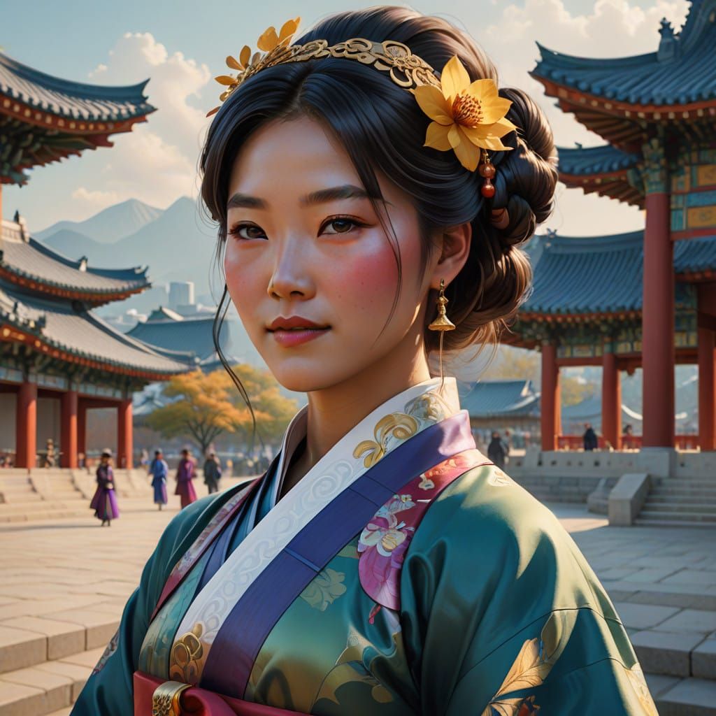 Vibrant Korean Woman in Traditional Hanbok, Gyeongbokgung Pa...