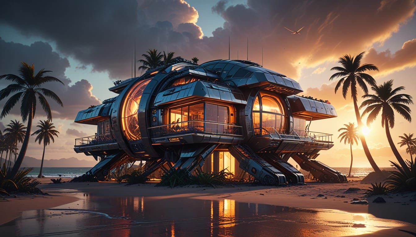 Futuristic Beach House with Sci-Fi Mech Details