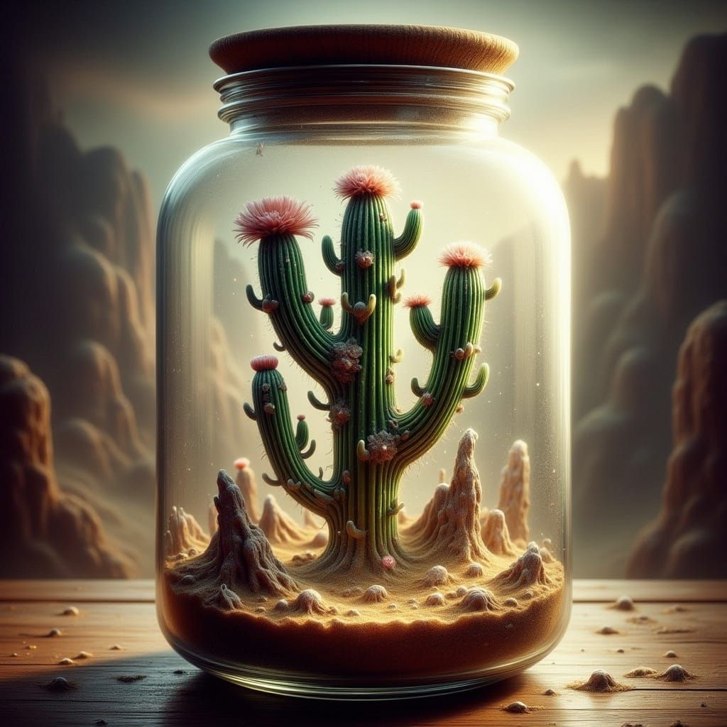 Cactus in Top Hat in Glass Jar, Surreal Art
