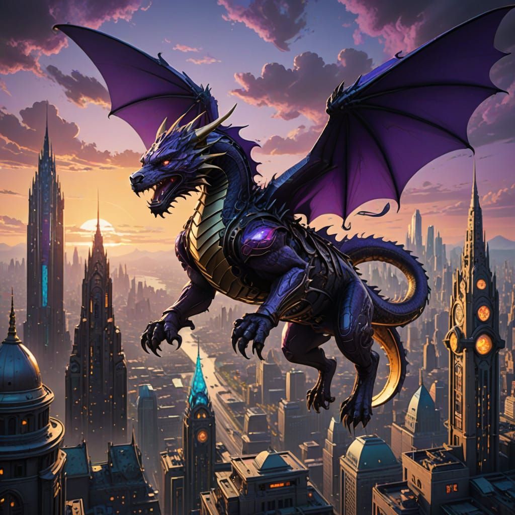Cyberpunk Dragons Soar in Dark Fantasy Metropolis
