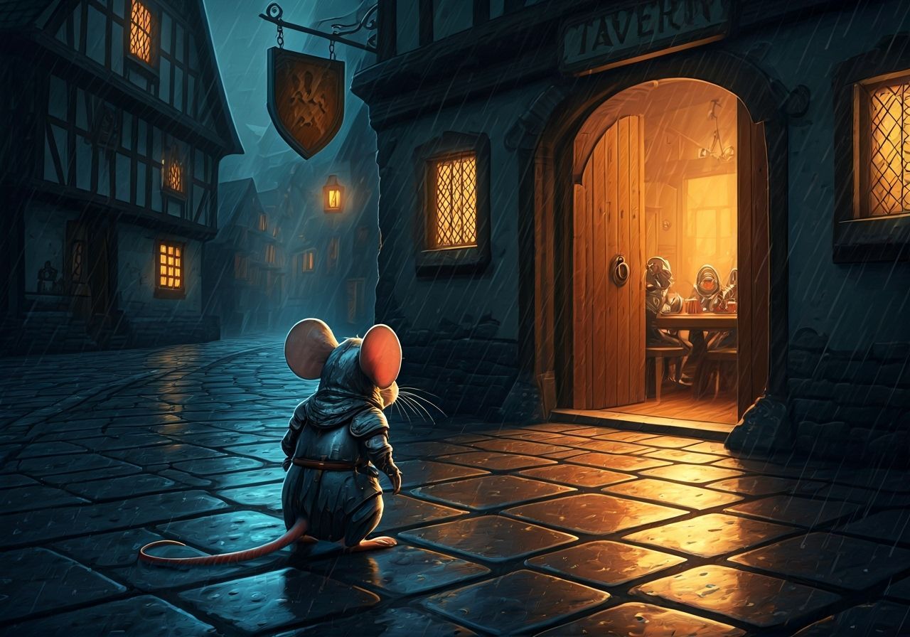 Sad Mouse Knight Peeking into Cozy Tavern
