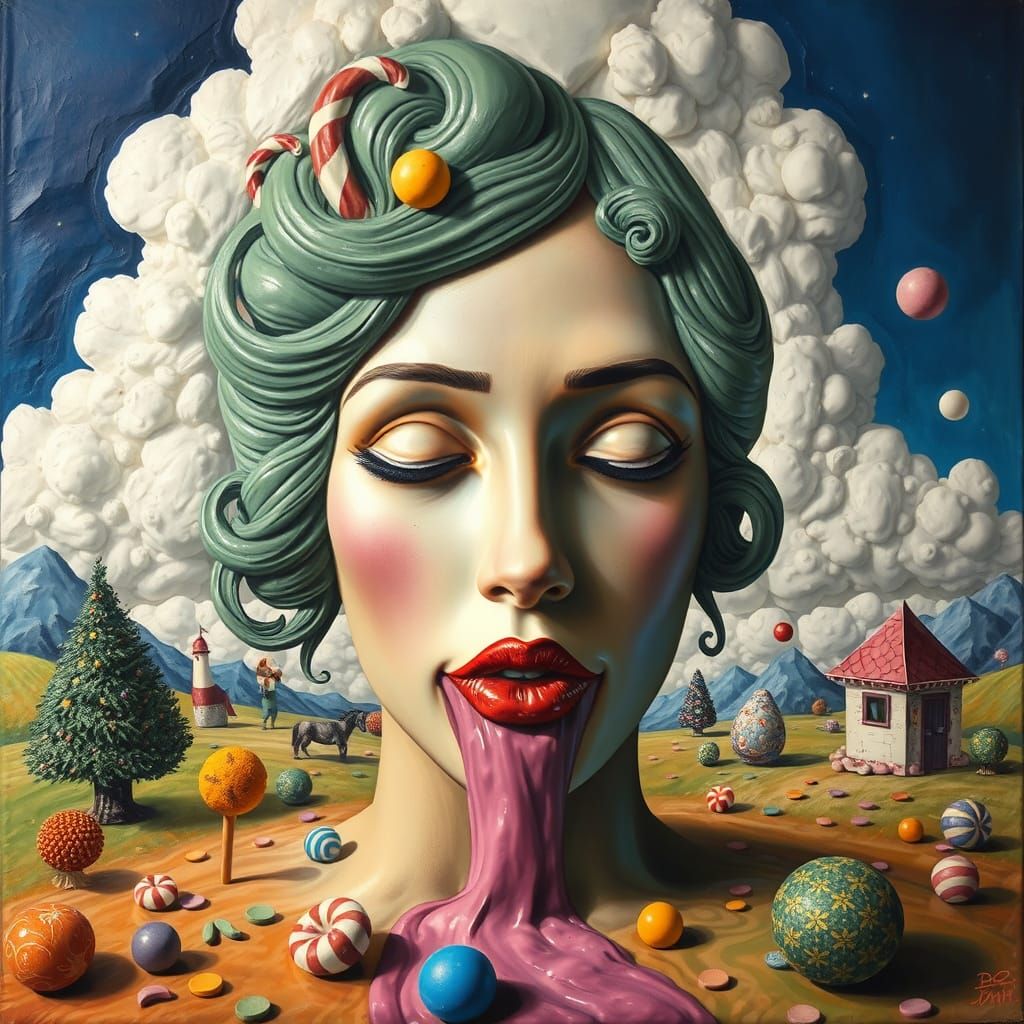 Surrealism melting female face in candyland, mixed media and...